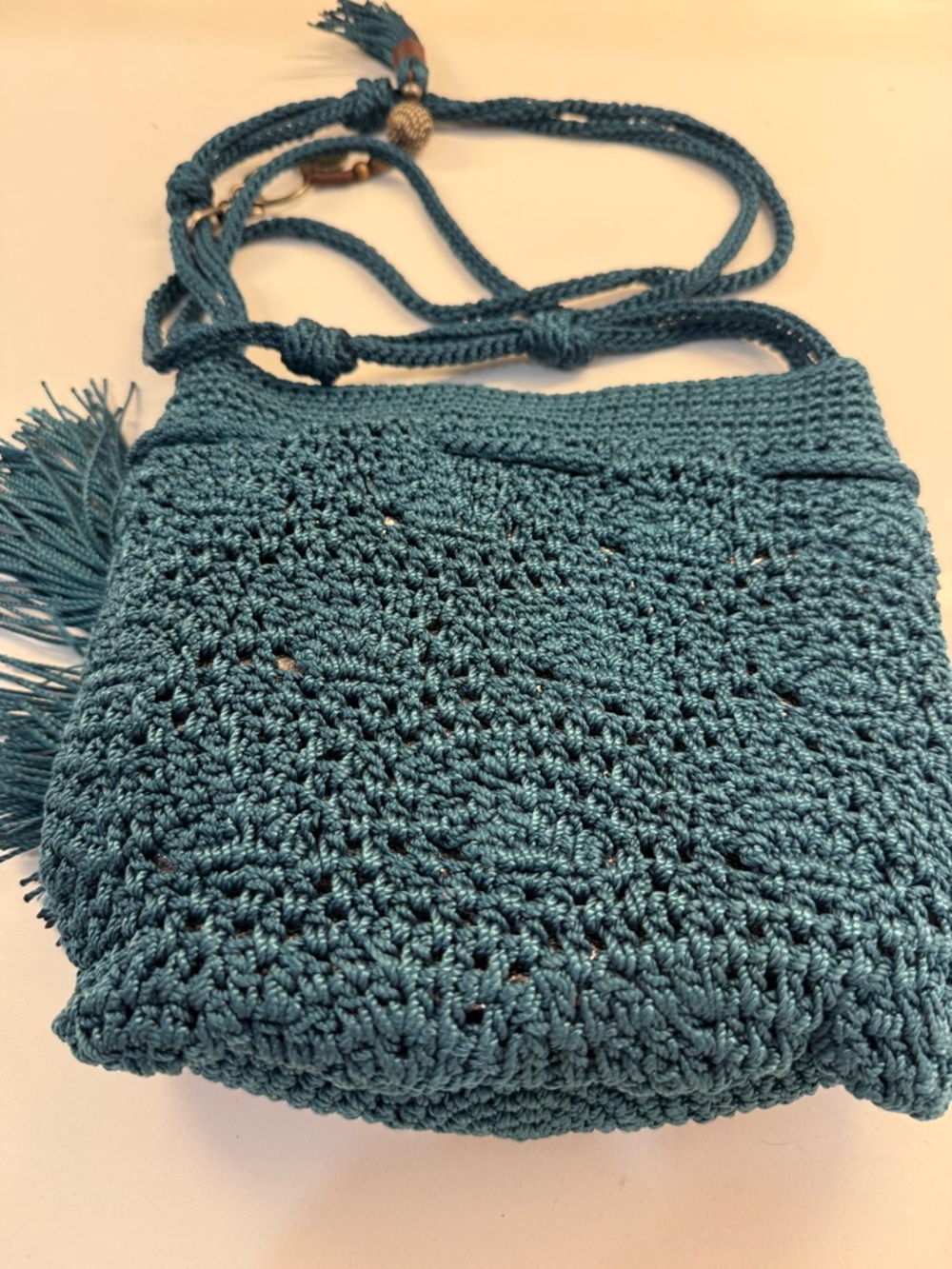The Sak…Handmade Teal Crochet Crossbody Bag with Tassel - Picture 2 of 7